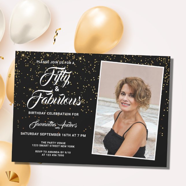 Elegant 50 and Fabulous Black Gold Glitter Photo Invitation (Creator Uploaded)