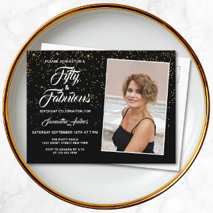 Elegant 50 and Fabulous Black Gold Glitter Photo  Invitation Postcard