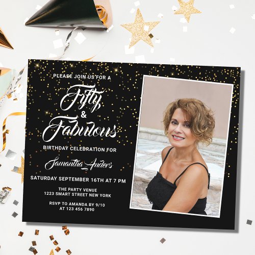 Elegant 50 and Fabulous Black Gold Glitter Photo  Invitation Postcard