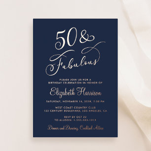 Elegant 50 And Fabulous Blue 50th Birthday Party Foil Invitation