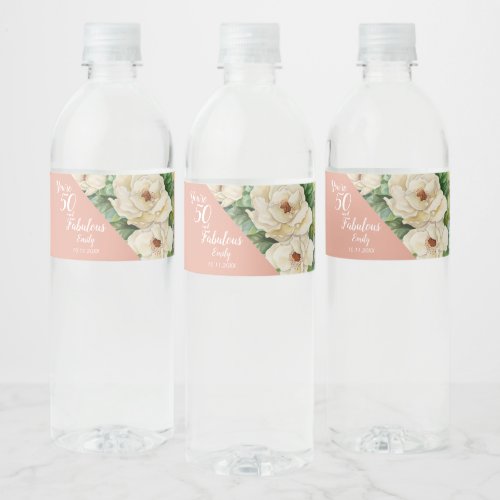 Elegant 50 And Fabulous Blush Pink Floral Water Bottle Label