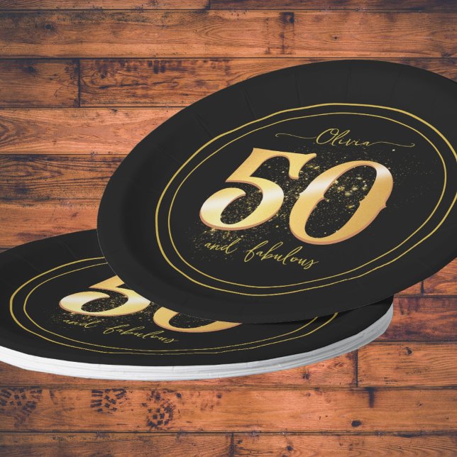 Elegant 50 and Fabulous Glitter Gold Black Paper Plates (Creator Uploaded)