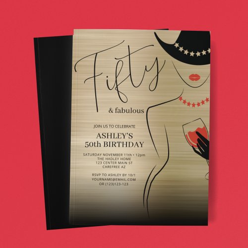 Elegant 50 and Fabulous Gold Red Birthday Invitation