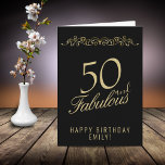 Elegant 50 and Fabulous Ornament 50th Birthday Card<br><div class="desc">Elegant 50 and Fabulous Ornament 50th Birthday Card. 50 and fabulous text in trendy golden script and an elegant ornament on black background. Personalize it with your name and your age,  and make personalized elegant birthday card. Add your birthday note inside the card or erase it.</div>