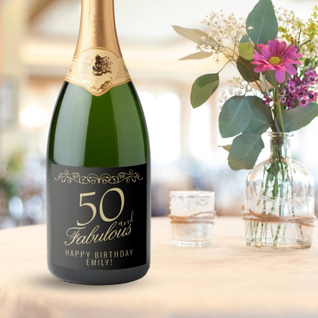 Elegant 50 and Fabulous Ornament 50th Birthday Sparkling Wine Label (Creator Uploaded)