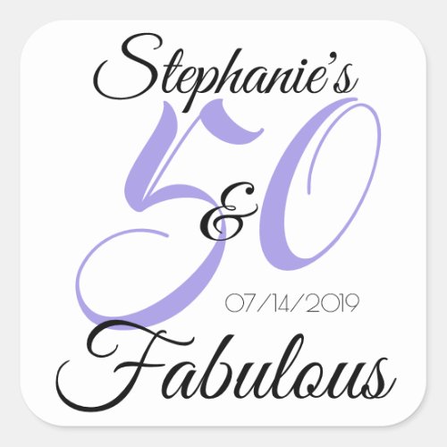 Elegant 50 and Fabulous Personalized Birthday Square Sticker