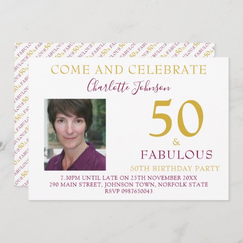 Elegant 50 and Fabulous Photo 50th birthday  Invitation