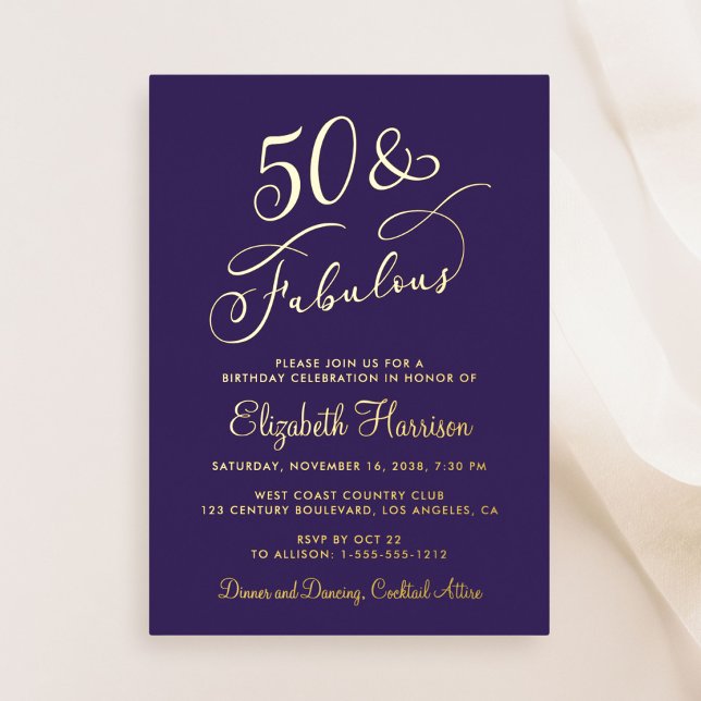 Elegant 50 And Fabulous Purple 50th Birthday Party Foil Invitation (Creator Uploaded)