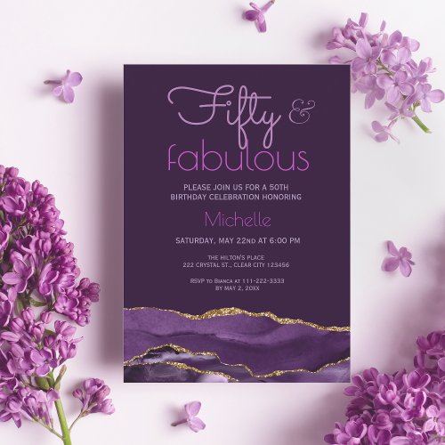 Elegant 50 and Fabulous Purple Gold Agate Invitation