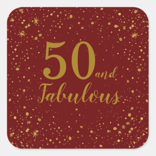 Elegant 50 and Fabulous Red and Gold Birthday Square Sticker
