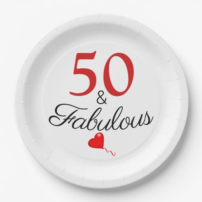Elegant 50 and Fabulous Red Balloon 50th Birthday Paper Plates (Front)
