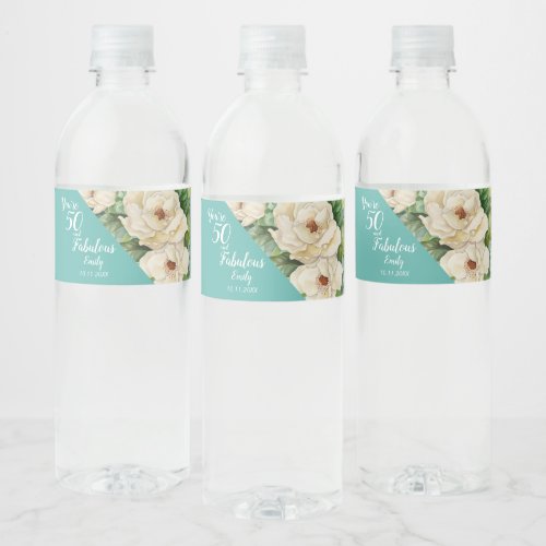 Elegant 50 And Fabulous Teal Birthday Floral Water Bottle Label