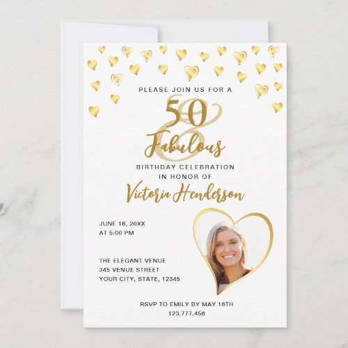 Elegant 50 and Fabulous White and Gold Birthday Invitation