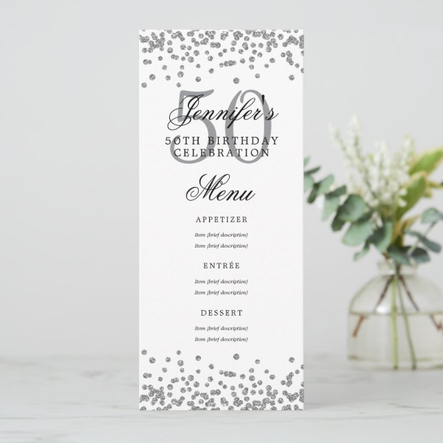 Elegant 50 Birthday Menu Silver Confetti Invitation (Standing Front)