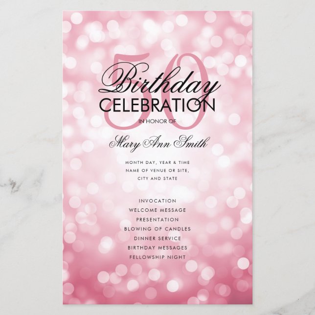 Elegant 50 Birthday Program Lights Rose Gold Menu (Front)