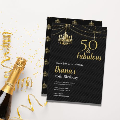 Elegant 50  Fab 50th Birthday Golden Chandelier I Invitation