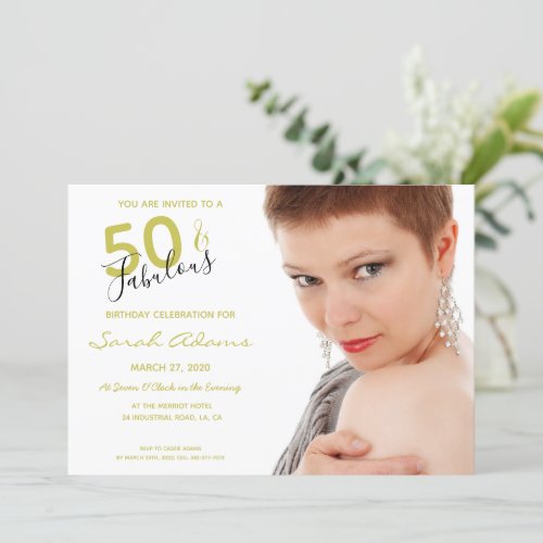 Elegant 50  Fab Gold Black 50th Birthday Photo Invitation