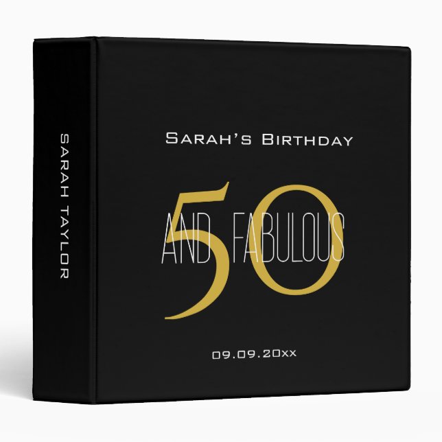 Elegant 50 & Fabulous Birthday Black and Gold  3 Ring Binder (Front/Spine)