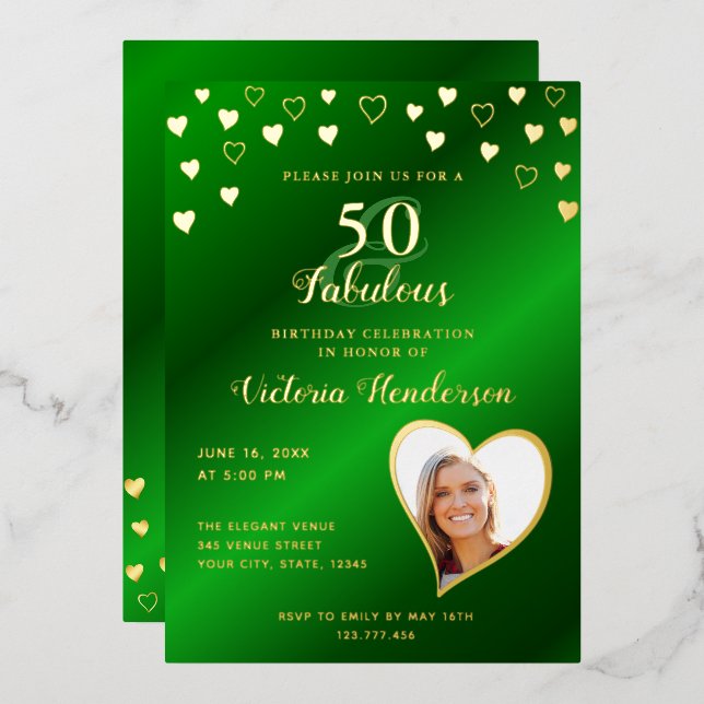 Elegant 50 & Fabulous Birthday Green & Gold Foil Invitation (Front/Back)