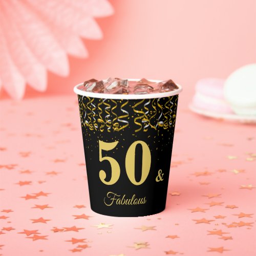 Elegant 50  Fabulous Birthday on Black Paper Cups