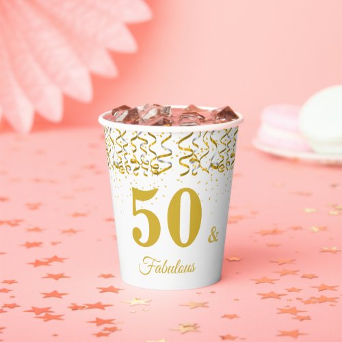 Elegant 50  Fabulous Birthday on White Paper Cups