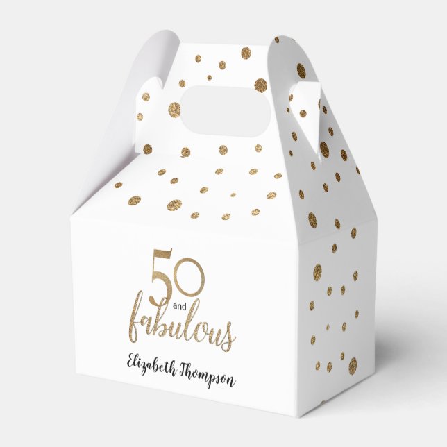 Elegant 50 & fabulous Birthday White Gold Confetti Favor Boxes (Back Side)