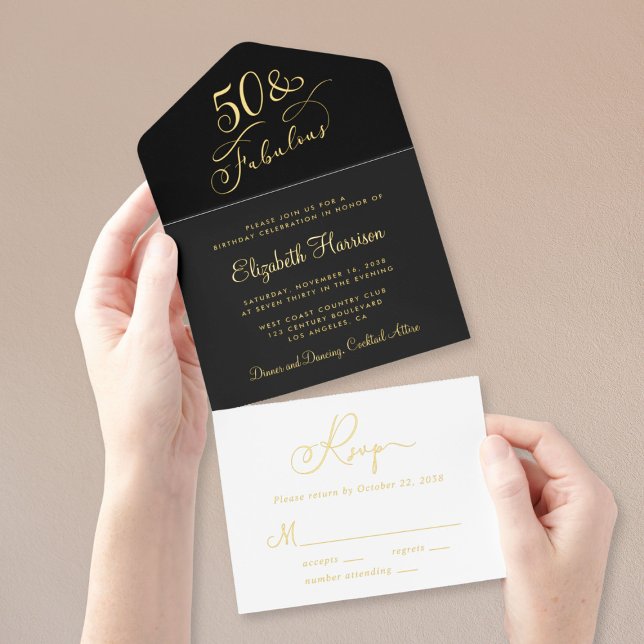Elegant 50 Fabulous Black 50th Birthday Party Foil All In One Invitation (Creator Uploaded)