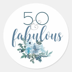 Elegant 50 & Fabulous Blue Floral Watercolor Classic Round Sticker