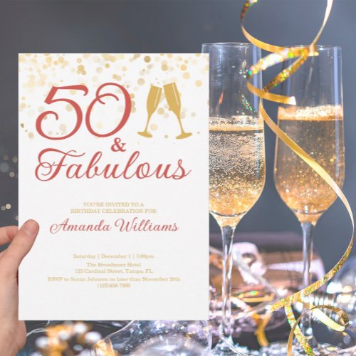 Elegant 50  Fabulous Gold and Pink Birthday Invitation