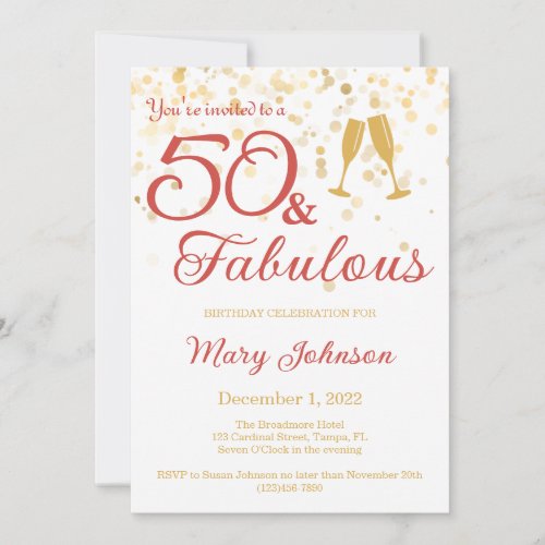 Elegant 50  Fabulous Gold Glitter Birthday Invitation
