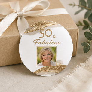 Elegant 50 & Fabulous Gold Photo Birthday  Classic Round Sticker
