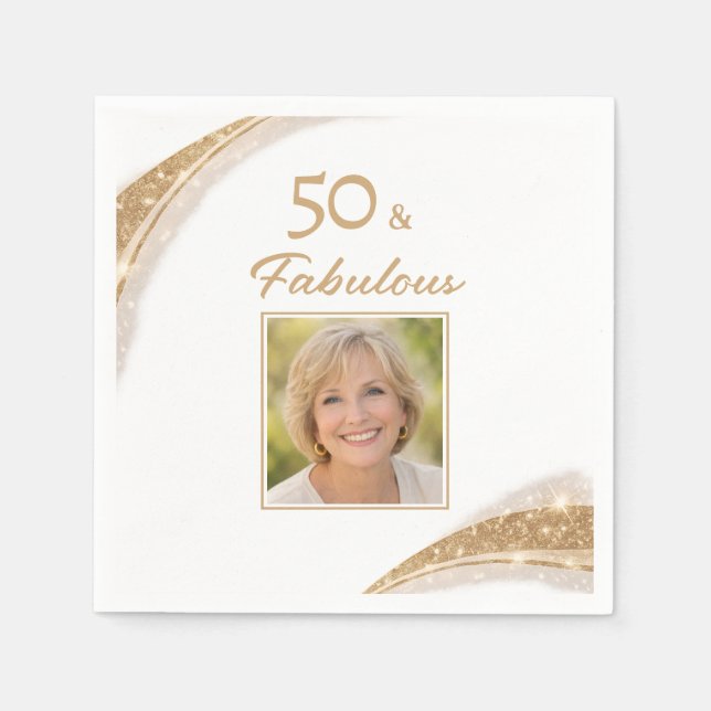 Elegant 50 & Fabulous Gold Photo Birthday Party Napkins (Front)