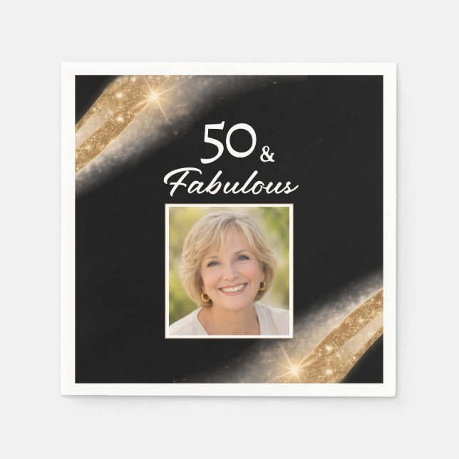 Elegant 50 & Fabulous Gold Photo Birthday Party Napkins (Front)