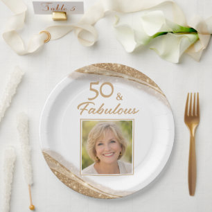 Elegant 50 & Fabulous Gold Photo Birthday Party Paper Plates