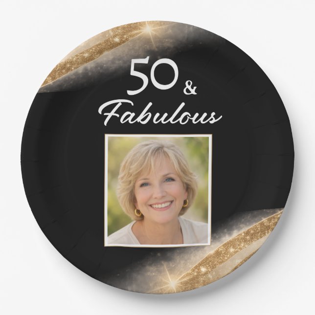 Elegant 50 & Fabulous Gold Photo Birthday Party Paper Plates (Front)