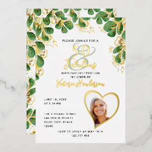 Elegant 50 & Fabulous Photo Greenery Birthday Foil Invitation