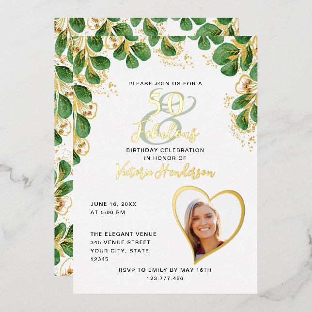 Elegant 50 & Fabulous Photo Greenery Birthday Foil Invitation (Front/Back)