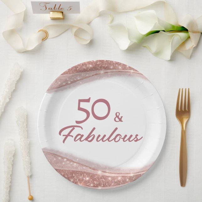 Elegant 50 & Fabulous Rose Gold Birthday Party Paper Plates (Wedding)