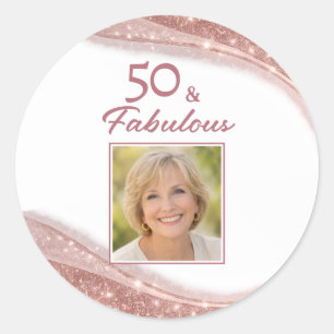 Elegant 50 & Fabulous Rose Gold Photo Birthday Classic Round Sticker