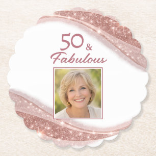 Elegant 50 & Fabulous Rose Gold Photo Birthday Paper Coaster