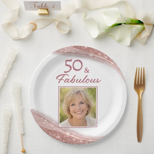 Elegant 50 & Fabulous Rose Gold Photo Birthday  Paper Plates (Wedding)