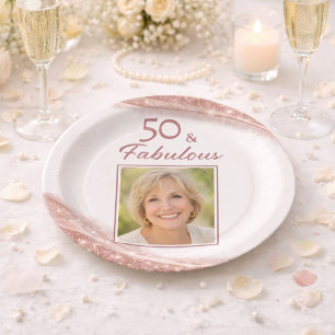 Elegant 50 & Fabulous Rose Gold Photo Birthday Paper Plates