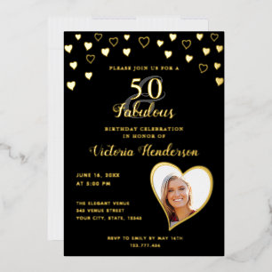 Elegant 50 & Fabulous Solid Black & Gold Birthday Foil Invitation