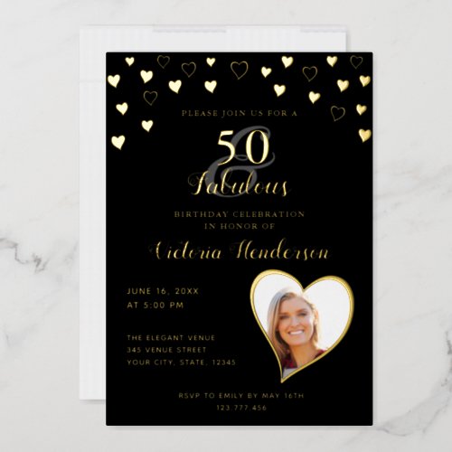 Elegant 50  Fabulous Solid Black  Gold Birthday Foil Invitation