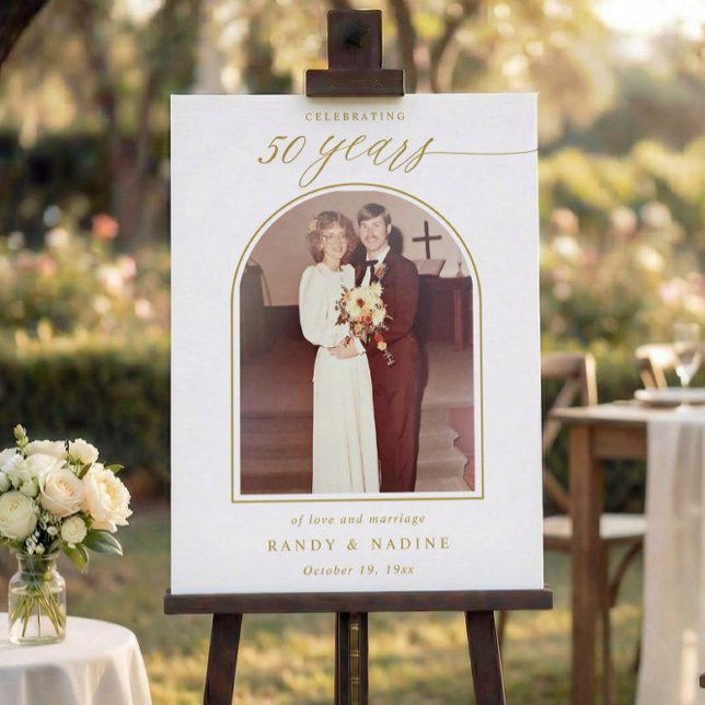 Elegant 50 Years Fiftieth Anniversary Gold Welcome Foam Board (Elegant 50th wedding anniversary welcome sign with gold script and vintage photo)