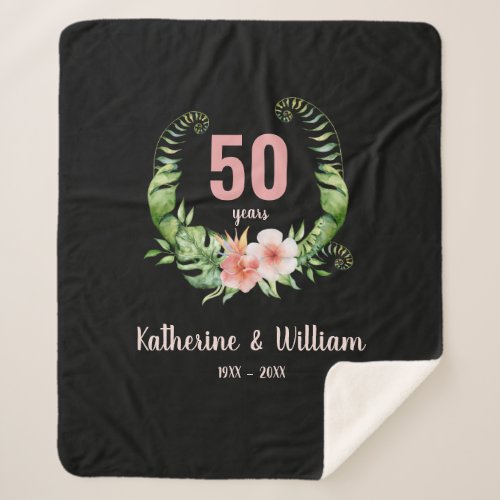 Elegant 50th anniversary black floral sherpa blanket