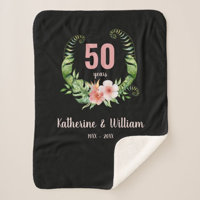 Elegant 50th anniversary black floral sherpa blanket (Front)