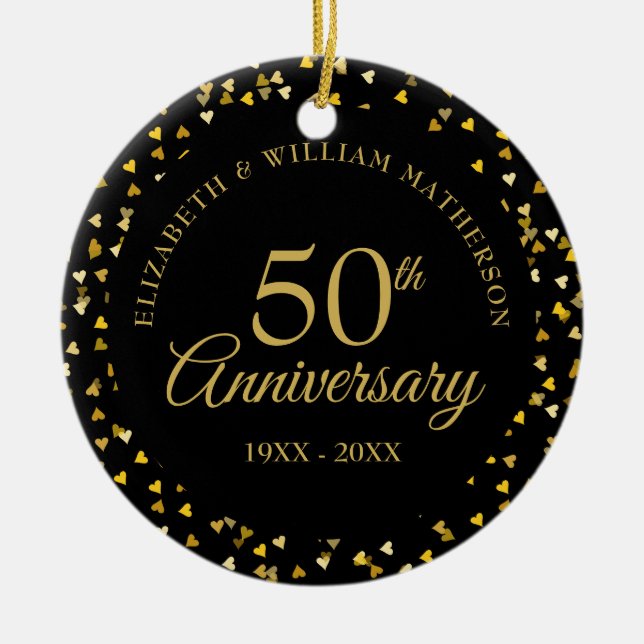 Elegant 50th Anniversary Black Gold Hearts  Ceramic Ornament (Front)