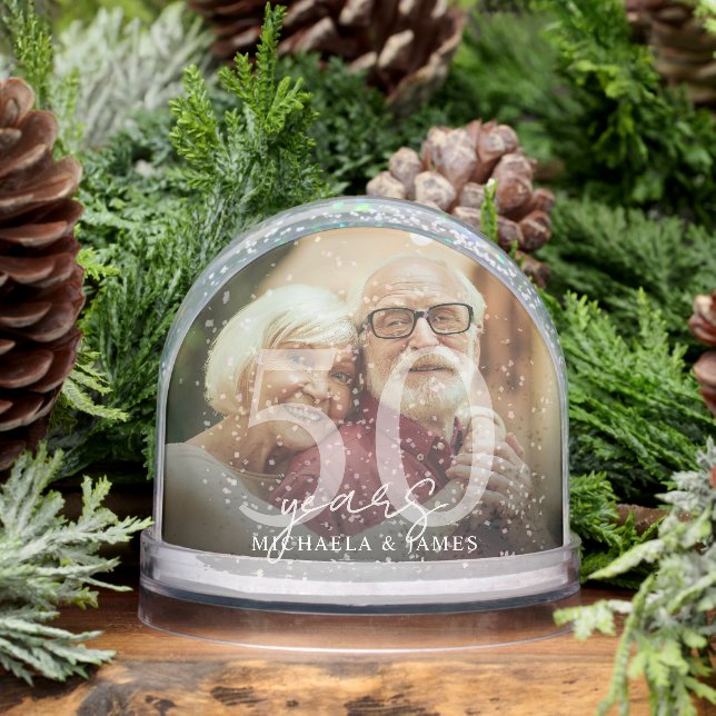 Elegant 50th Anniversary Couple's Names 2-Photo Snow Globe (Winter)