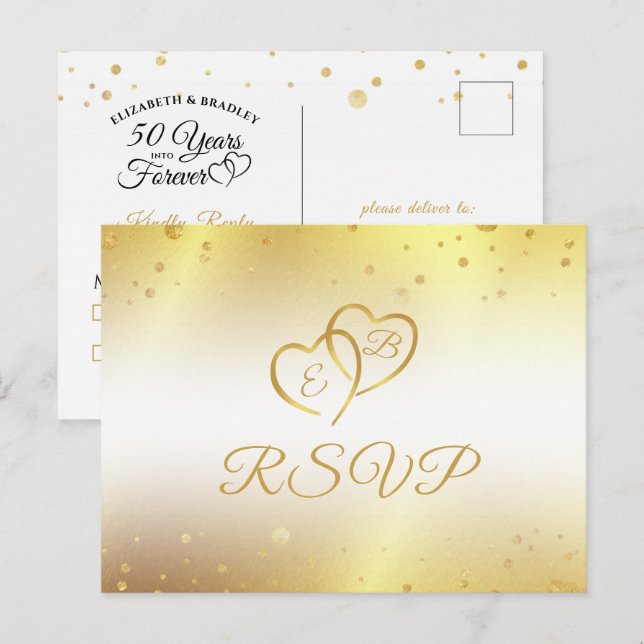 Elegant 50th Anniversary Monogram Hearts Gold RSVP Invitation Postcard (Front/Back)